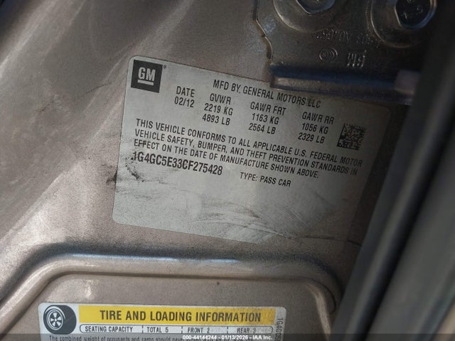 Продаж на аукціоні авто 2012 Buick Lacrosse Leather Group, vin: 1G4GC5E33CF275428, номер лоту: 44144244