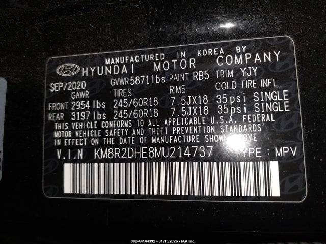 44144392 :رقم المزاد ، KM8R2DHE8MU214737 vin ، 2021 Hyundai Palisade Sel مزاد بيع