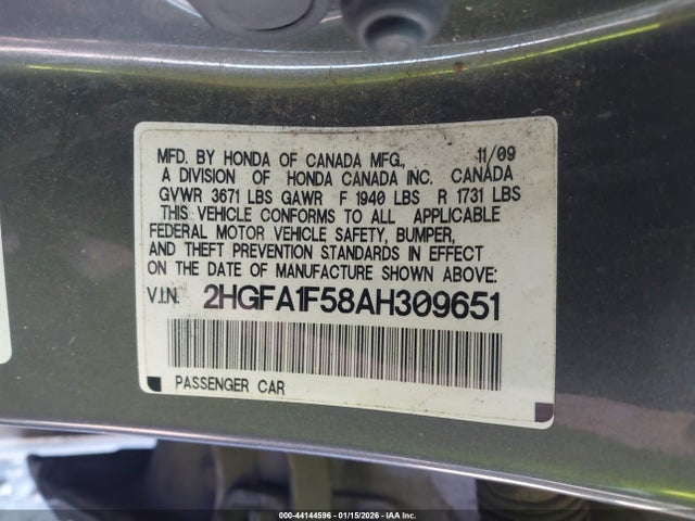 Aukcja sprzedaży 2010 Honda Civic Lx, vin: 2HGFA1F58AH309651, numer aukcji: 44144596