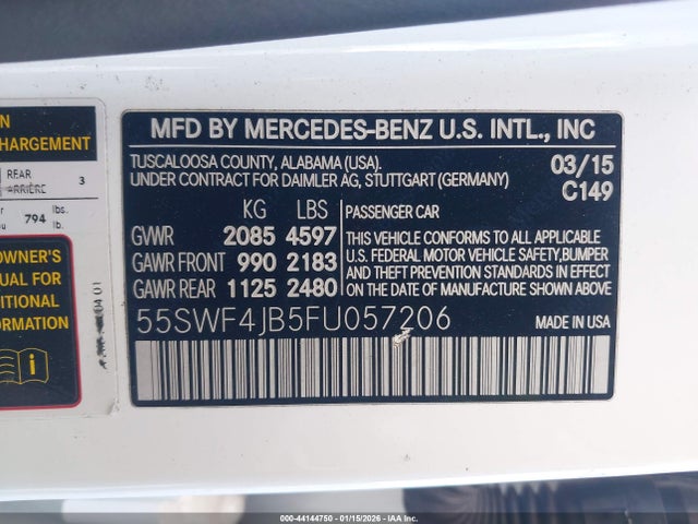 44144750 :رقم المزاد ، 55SWF4JB5FU057206 vin ، 2015 Mercedes-benz C 300 مزاد بيع