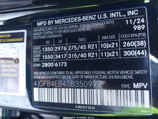 Aukcja sprzedaży 2025 Mercedes-benz Gle 350, vin: 4JGFB4EB4SB350997, numer aukcji: 44144770