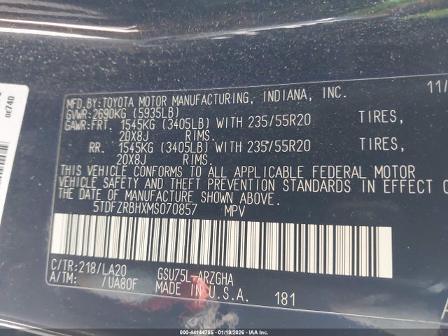 5TDFZRBHXMS070857 Toyota Highlander Platinum