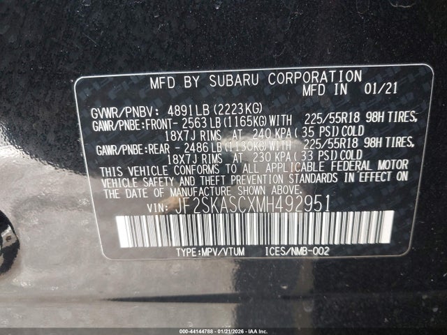 44144788 :رقم المزاد ، JF2SKASCXMH492951 vin ، 2021 Subaru Forester Limited مزاد بيع