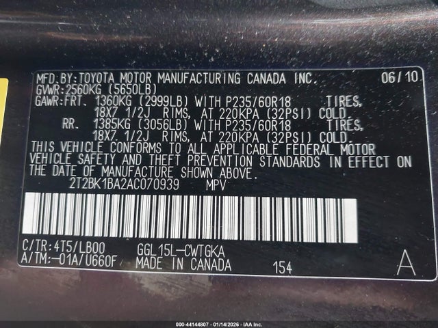 44144807 :رقم المزاد ، 2T2BK1BA2AC070939 vin ، 2010 Lexus Rx 350 مزاد بيع
