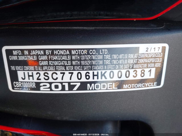 2017 HONDA CBR1000 JH2SC7706HK000381 Photo 9