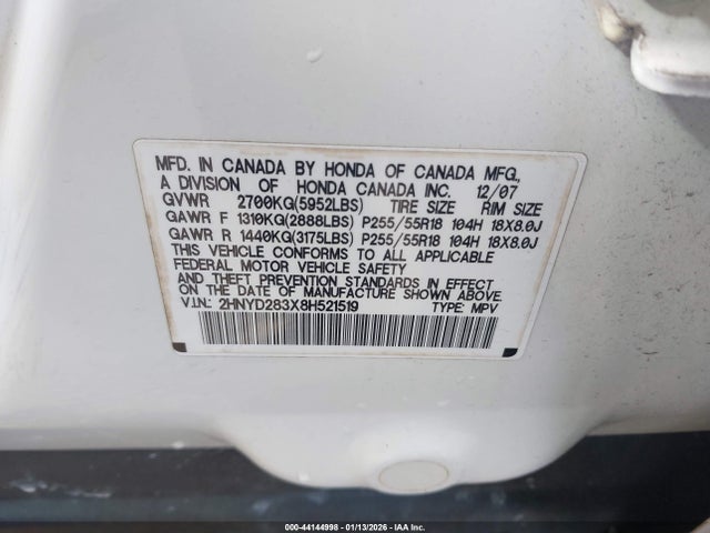 Aukcja sprzedaży 2008 Acura Mdx Technology Package, vin: 2HNYD283X8H521519, numer aukcji: 44144998
