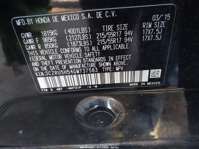 44145007 :رقم المزاد ، 3CZRU5H54GM737583 vin ، 2016 Honda Hr-v Ex مزاد بيع