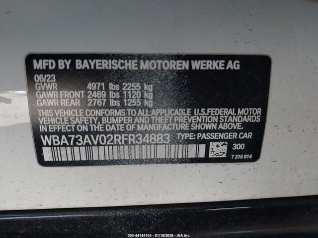 44145104 :رقم المزاد ، WBA73AV02RFR34883 vin ، 2024 Bmw 430i Gran Coupe Xdrive مزاد بيع