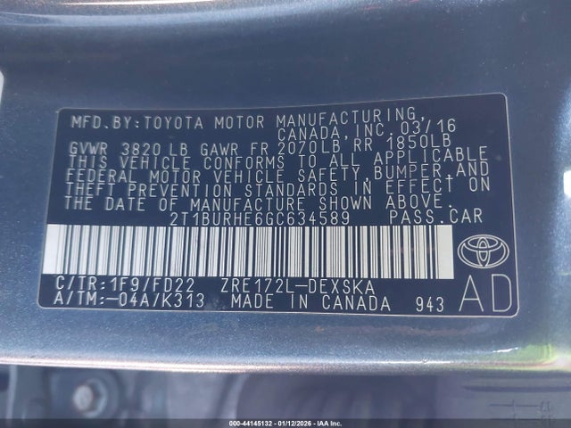 2T1BURHE6GC634589 Toyota Corolla S Plus