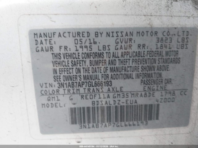3N1AB7AP7GL666193 Nissan Sentra Fe+ S/s/sl/sr/sv