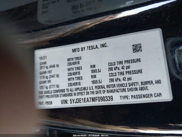 Tesla Model 3 Standard Range Plus Rear-wheel Drive 2021 5YJ3E1EA7MF090339 Image 9