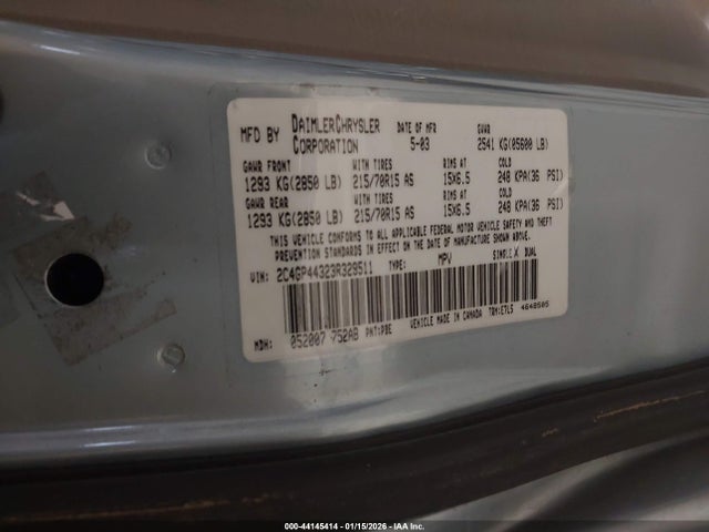 2003 Chrysler Town & Country Lx მანქანა იყიდება აუქციონზე, vin: 2C4GP44323R329511, აუქციონის ნომერი: 44145414