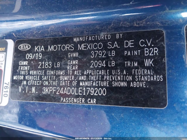 44145476 :رقم المزاد ، 3KPF24AD0LE179200 vin ، 2020 Kia Forte Lxs مزاد بيع