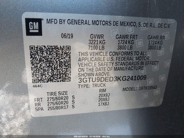 Продаж на аукціоні авто 2019 Gmc Sierra 1500 Slt, vin: 3GTU9DED3KG241009, номер лоту: 44145529