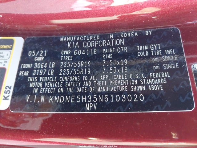 KNDNE5H35N6103020 KIA Carnival Mpv Sx