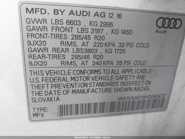 Продаж на аукціоні авто 2017 Audi Q7 3.0t Premium, vin: WA1VAAF73HD040472, номер лоту: 44145747