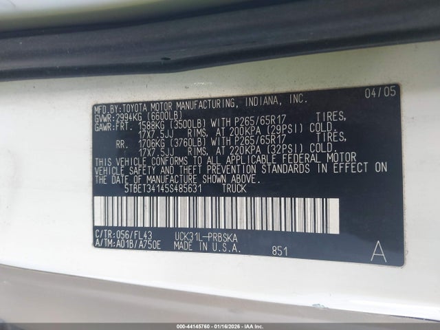 44145760 :رقم المزاد ، 5TBET34145S485631 vin ، 2005 Toyota Tundra Sr5 V8 مزاد بيع