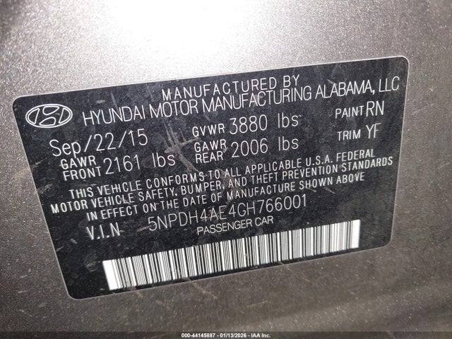 5NPDH4AE4GH766001 Hyundai ELANTRA SE