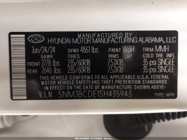 Aukcja sprzedaży 2025 Hyundai Tucson Sel, vin: 5NMJBCDE1SH435943, numer aukcji: 44145905