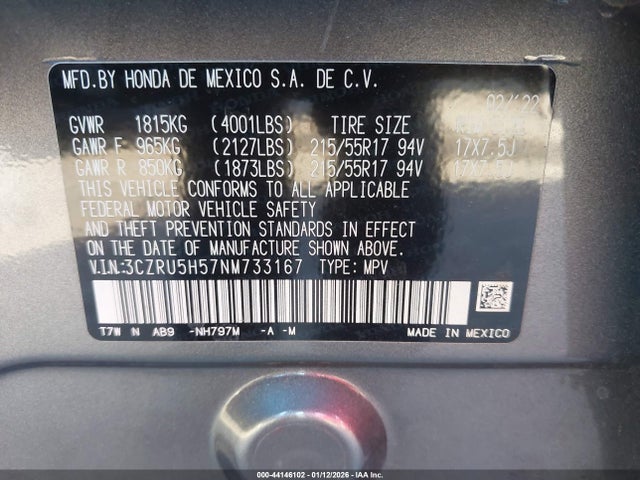 3CZRU5H57NM733167 Honda Hr-v 2wd Ex