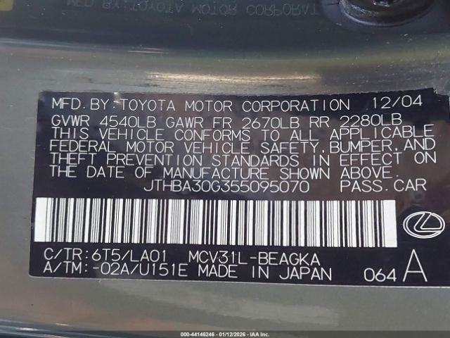 2005 LEXUS ES 330 JTHBA30G355095070 Photo 8