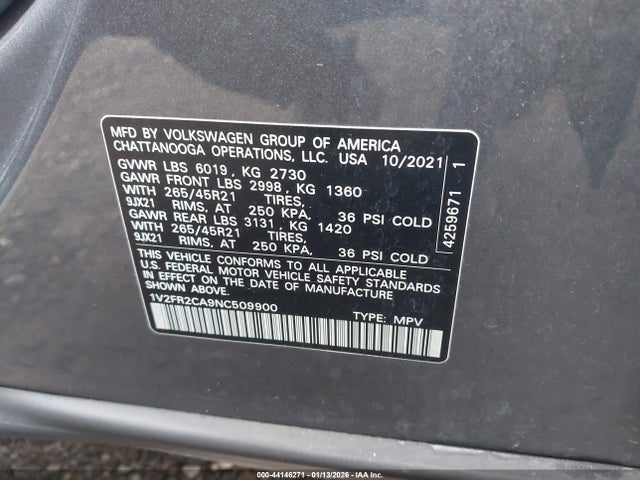 1V2FR2CA9NC509900 Volkswagen Atlas 3.6l V6 Sel Premium R-line