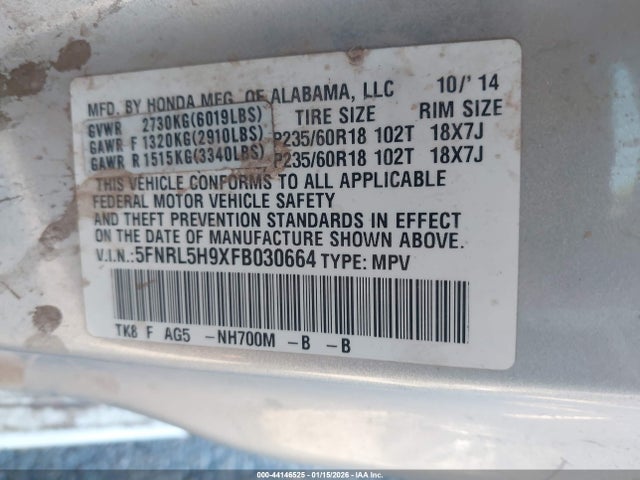 5FNRL5H9XFB030664 Honda Odyssey Touring/touring Elite