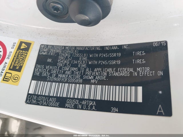 Toyota Highlander Limited V6 2015 5TDYKRFH3FS095898 Image 9