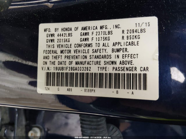 Auction sale of the 2016 Acura Tlx, vin: 19UUB1F39GA003262, lot number: 44146869