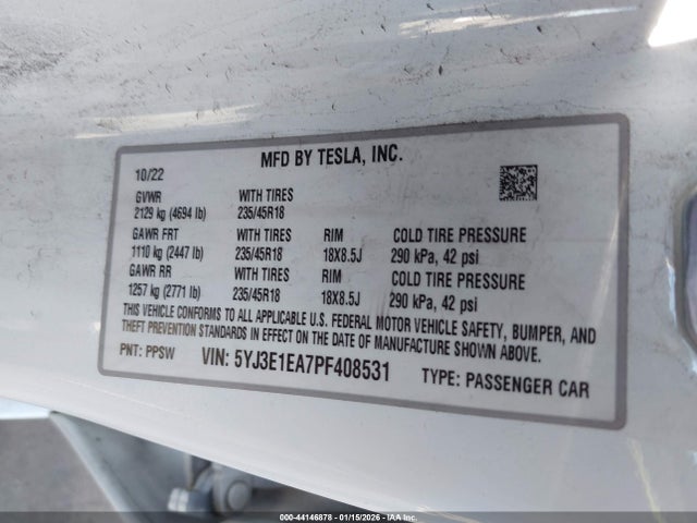 44146878 :رقم المزاد ، 5YJ3E1EA7PF408531 vin ، 2023 Tesla Model 3 Rear-wheel Drive مزاد بيع