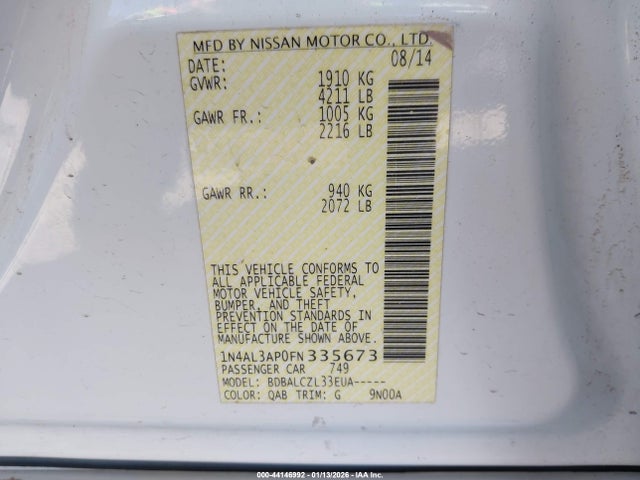 Продаж на аукціоні авто 2015 Nissan Altima 2.5/2.5 S/2.5 Sl/2.5 Sv, vin: 1N4AL3AP0FN335673, номер лоту: 44146992