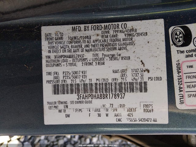 2011 FORD FUSION 3FAHP0HA8BR178937 Photo 8