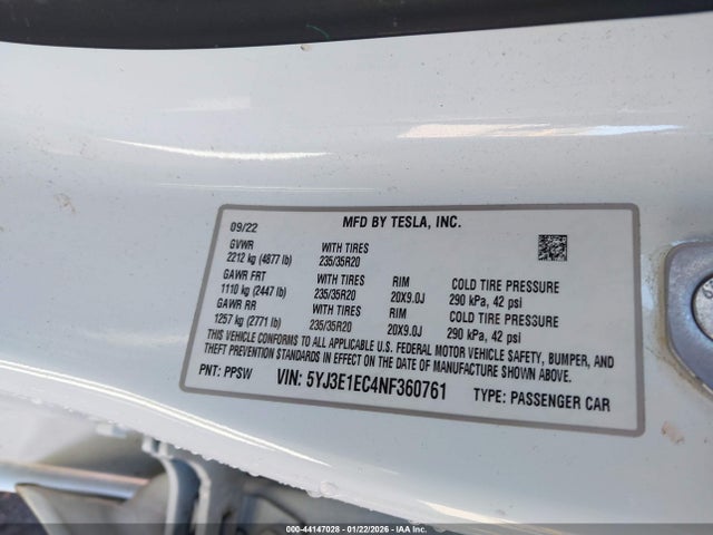 Aukcja sprzedaży 2022 Tesla Model 3 Performance Dual Motor All-wheel Drive, vin: 5YJ3E1EC4NF360761, numer aukcji: 44147028