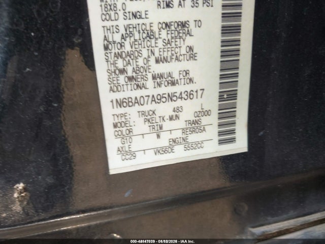 Aukcja sprzedaży 2005 Nissan Titan Se, vin: 1N6BA07A95N543617, numer aukcji: 44147039