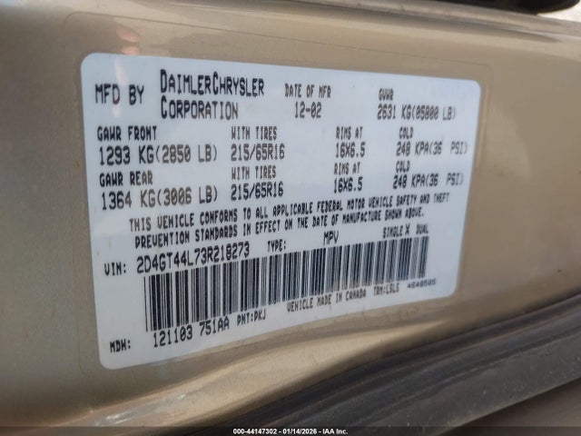 2003 Dodge Grand Caravan Sport მანქანა იყიდება აუქციონზე, vin: 2D4GT44L73R218273, აუქციონის ნომერი: 44147302