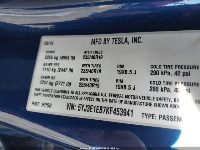 Aukcja sprzedaży 2019 Tesla Model 3 Long Range/performance, vin: 5YJ3E1EB7KF453941, numer aukcji: 44147337