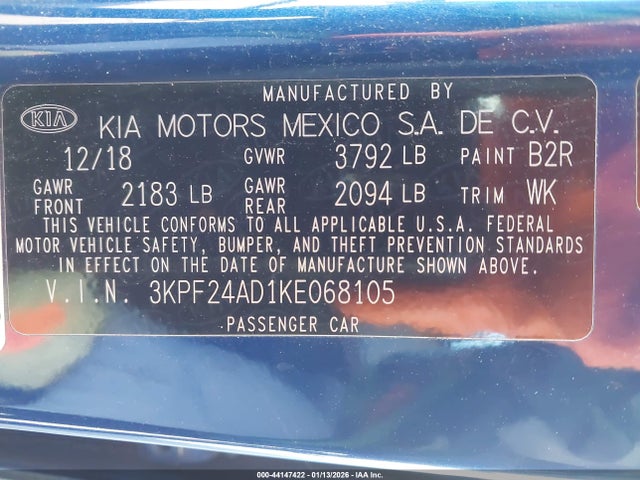 3KPF24AD1KE068105 KIA Forte Lxs