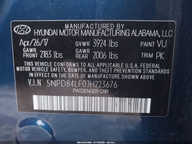 5NPD84LF0JH223676 Hyundai ELANTRA SEL