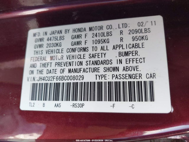44147599 :رقم المزاد ، JH4CU2F66BC008029 vin ، 2011 Acura Tsx 2.4 مزاد بيع