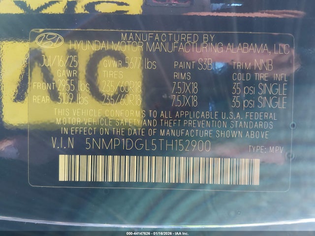 44147626 :رقم المزاد ، 5NMP1DGL5TH152900 vin ، 2026 Hyundai Santa Fe Se مزاد بيع