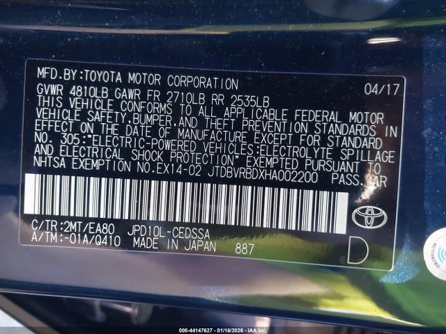JTDBVRBDXHA002200 Toyota Mirai