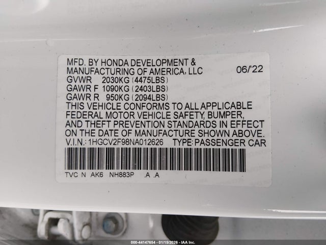 44147654 :رقم المزاد ، 1HGCV2F98NA012626 vin ، 2022 Honda Accord Touring مزاد بيع