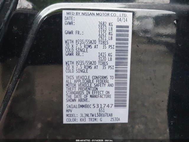 2014 Infiniti Qx60 მანქანა იყიდება აუქციონზე, vin: 5N1AL0MM8EC531747, აუქციონის ნომერი: 44147702
