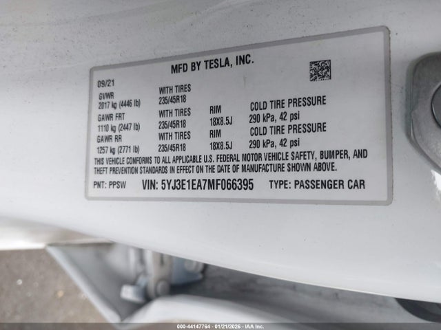 2021 TESLA MODEL 3 5YJ3E1EA7MF066395 Photo 8
