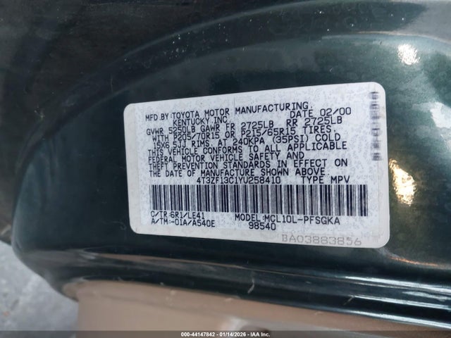 2000 Toyota Sienna Xle მანქანა იყიდება აუქციონზე, vin: 4T3ZF13C1YU258410, აუქციონის ნომერი: 44147842