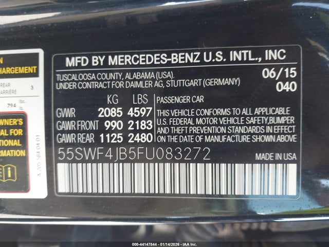 2015 Mercedes-benz C 300 მანქანა იყიდება აუქციონზე, vin: 55SWF4JB5FU083272, აუქციონის ნომერი: 44147844