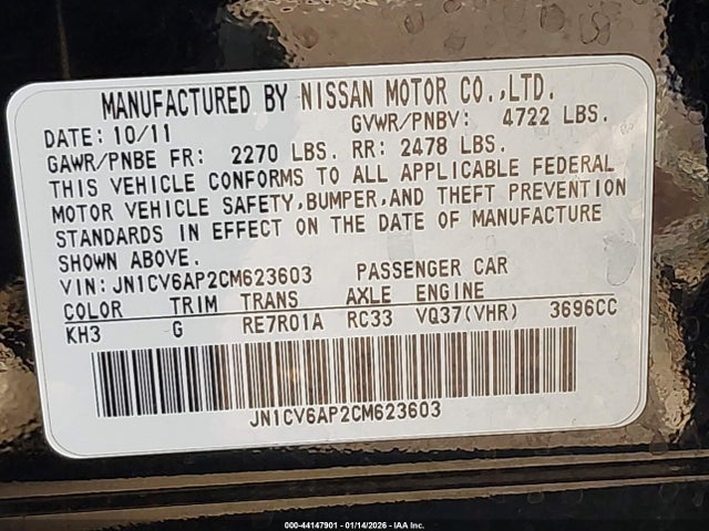44147901 :رقم المزاد ، JN1CV6AP2CM623603 vin ، 2012 Infiniti G37 Journey مزاد بيع