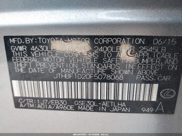 Lexus IS 250 2015 JTHBF1D20F5078068 Image 9