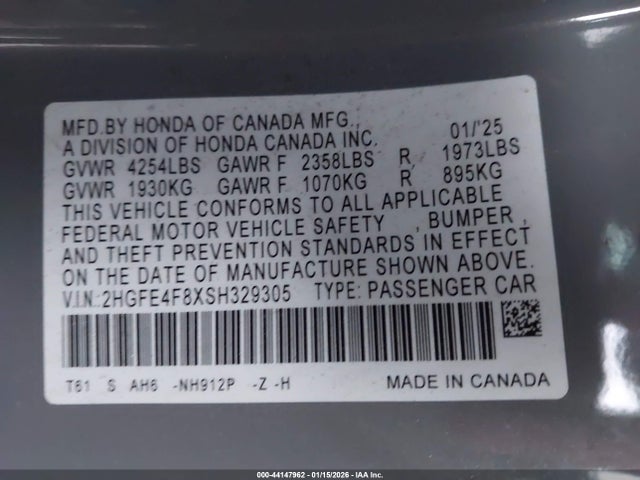 2HGFE4F8XSH329305 Honda Civic Hybrid Sport/sport Touring