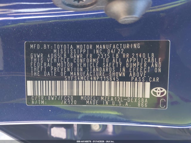 5YFS4MCE4NP115645 Toyota COROLLA SE